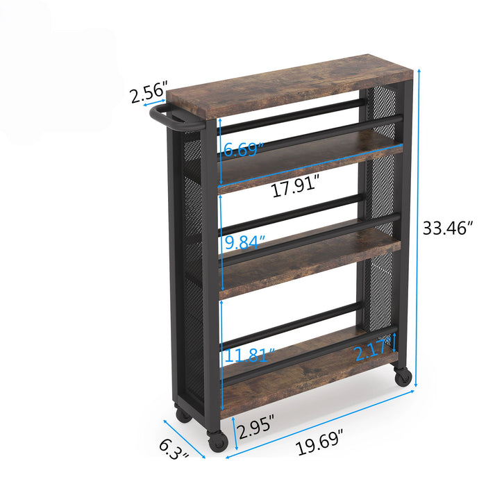 Slim 4 Tier Rolling Utility Cart With Wheels, Narrow Kitchen Storage Trolley - Brown / Black