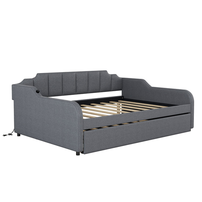 Full Size Upholstered Daybed With Trundle And USB Charging - Gray