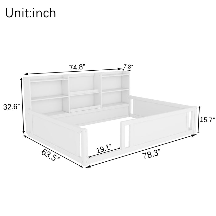Platform Floor Bed With Guardrail Fence And Side Storage Shelves