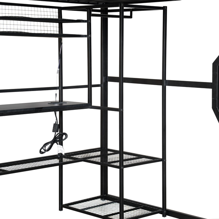 Full Size Gaming Loft Bed With Built In Work Station, Open Wardrobe, LED And Multiple Storage - Black
