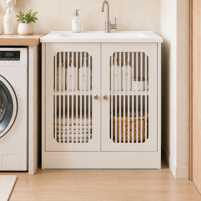 Louvered Double Door Floor Standing Bathroom Vanity Cabinet With Adjustable Shelf - White