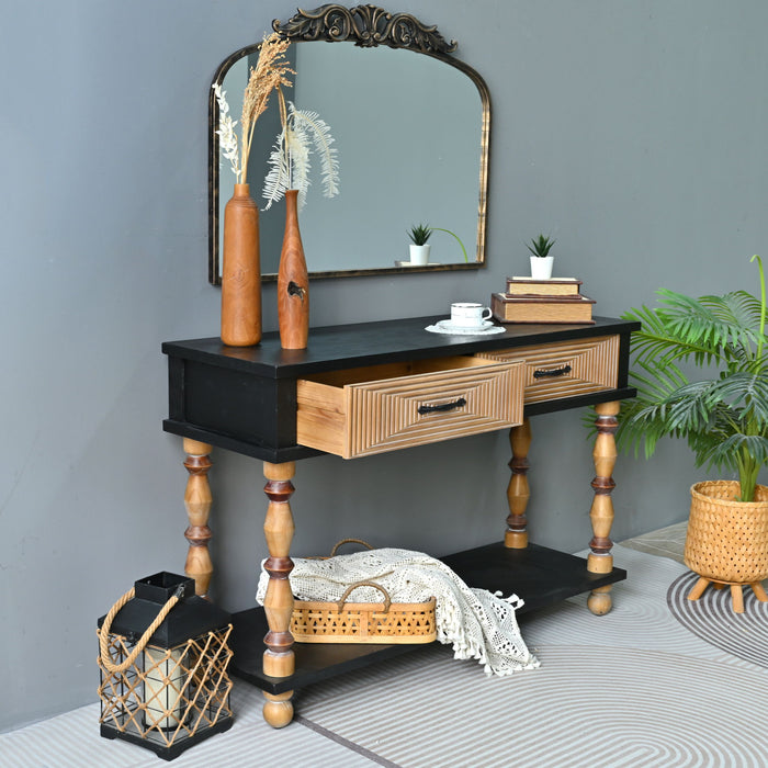 Accent Carved Console Table With Open Shelf And 2 Drawers Living Room - Black / Natural Wood Wash