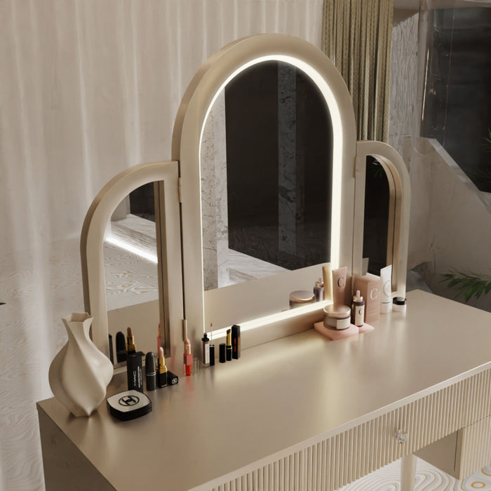 Mirrored Makeup Vanity Table Set With Adjustable Lighting And Storage
