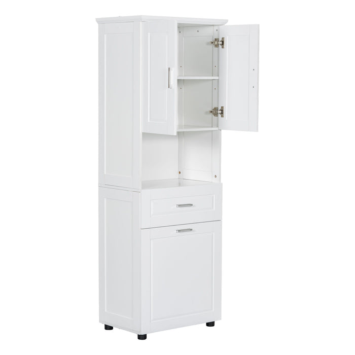 Tall Bathroom Cabinet With Tilt-Out Laundry Basket And Upper Storage