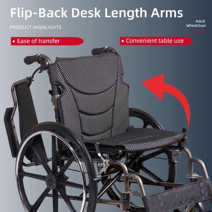 Lightweight Wheelchair Foldable For Adults, Manual Transport Chair With Double Brakes