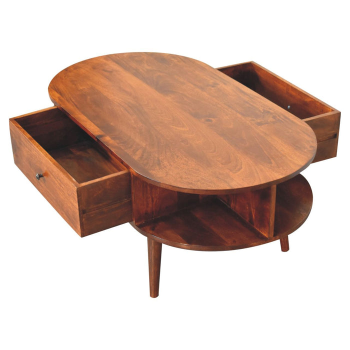 Oval Coffee Table With 1 Drawer - Chestnut