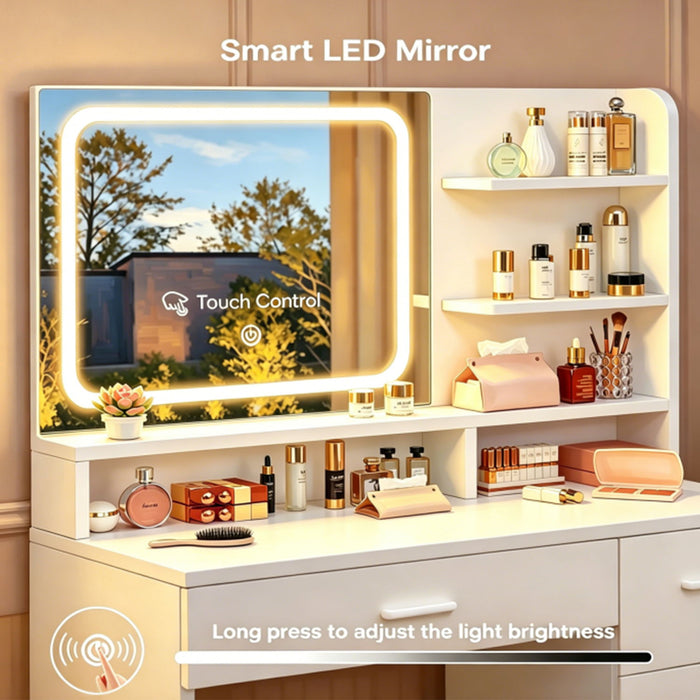 Vanity With LED Mirror And Storage Drawers For Bedrooms - Cream White