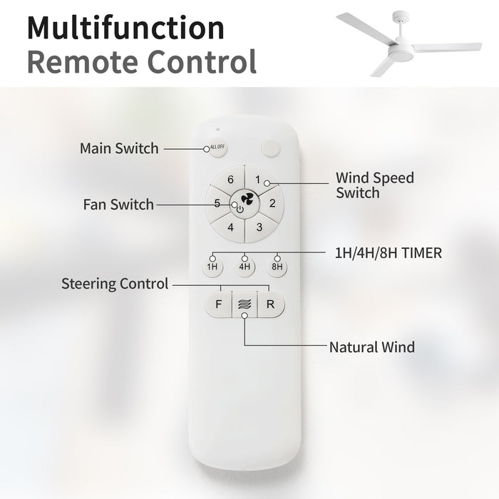 52" Ceiling Fan With Remote Control, 3 Blades, DC Motor, 6 Speed Reversible For Living Room - White