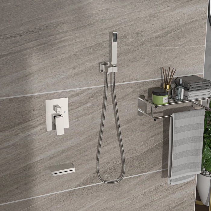 Square Shower System With Waterfall Tub Spout And Rough In Valve, Wall Mounted