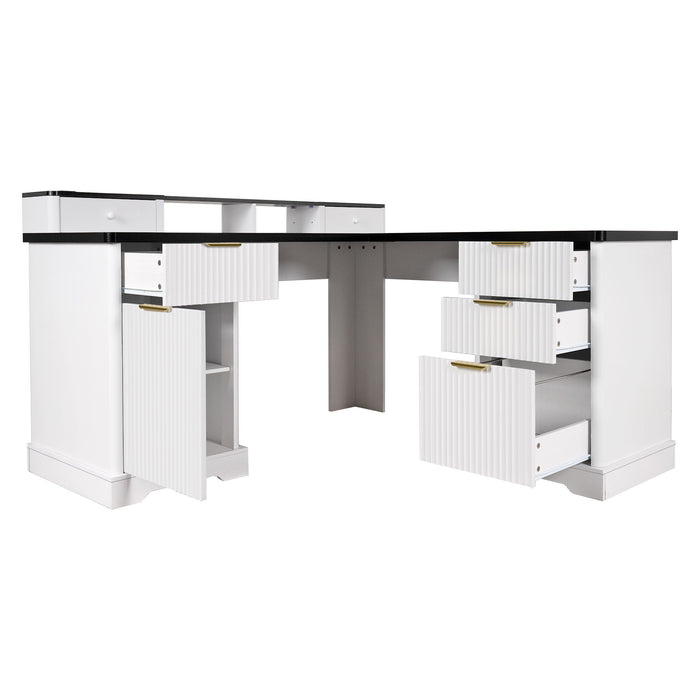 Fluted L-Shaped Desk With Charging Station & Storage Cabinet