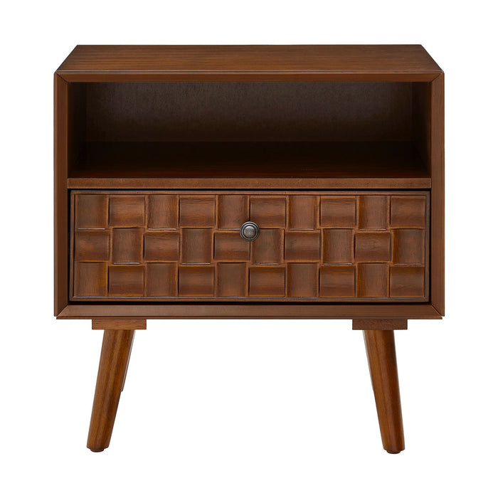 Nightstand With Carved Geometric Drawer Front, 1 Drawer And Open Shelf