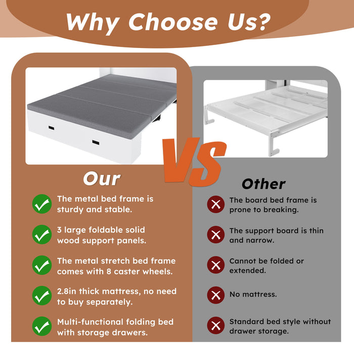 Murphy Bed With Storage Drawers And Charging Cabinet, Foldable Panels, Swivel Wheels