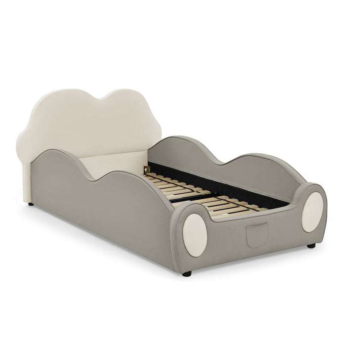 Cute Cloud Shape Bed With Guardrails Cartoon Design, Storage Pocket