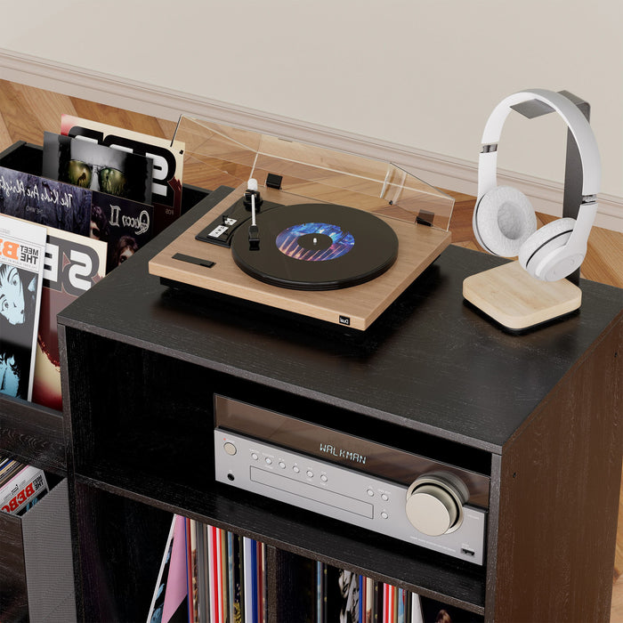 Eco-Friendly Vinyl Record Player Stand With Flip-Top Storage, Media Console With Dual Outlets And Dustproof Drawers