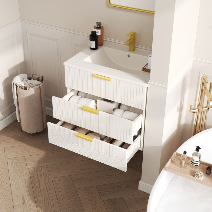 Wall Mounted Floating Cabinet With Double Drawer, Rectangular Sink