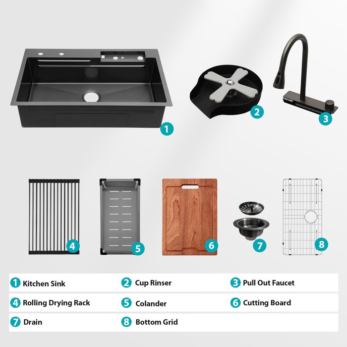 33" Stainless Steel Single Bowl Kitchen Sink With Waterfall Flow