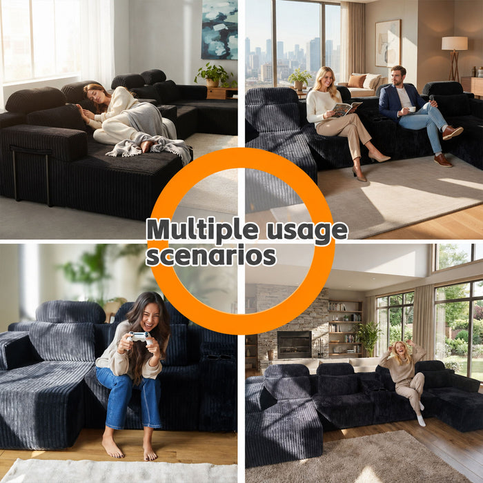 U-Shaped Sectional Sofa With Chaise Lounge And Cup Holders