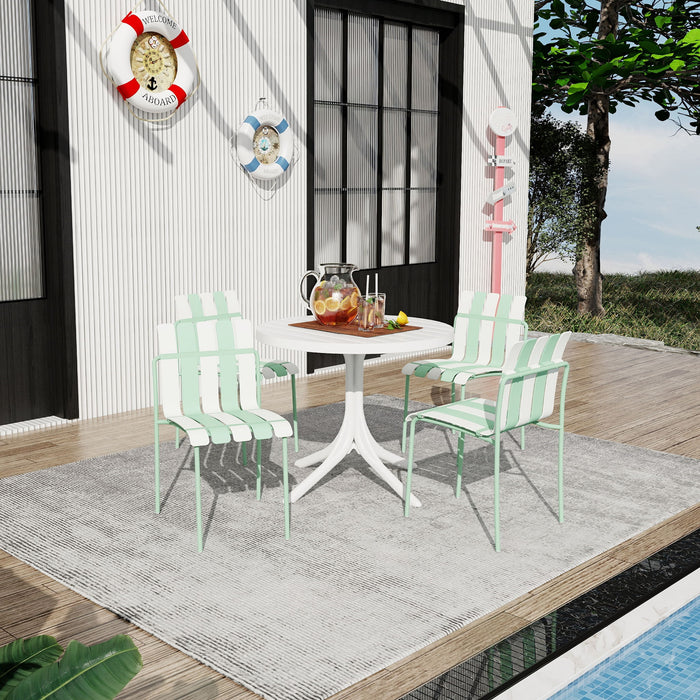 4 Piece Set Of Color Block Designed Single Chairs & Round Table - Cream White / Haze Green / White
