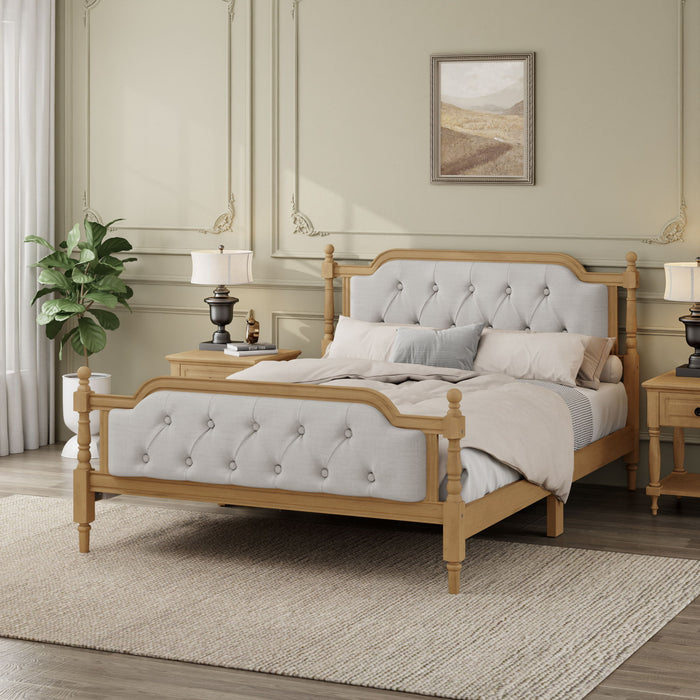 Traditional Style Solid Bed Frame With Upholstered Tufted Headboard, No Box Spring Needed