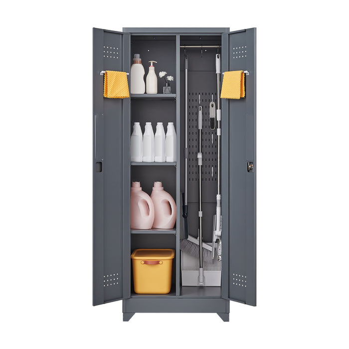 Heavy Duty Storage Cabinet With Locking Doors, Hanging Rod & Shelves, Broom Closet - Gray
