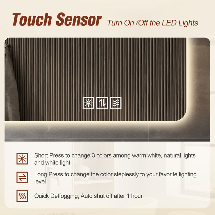 Wall Mounted LED Lighting Mirror With 3 Color Lighting, Dimming, Waterproof, Anti Fog, Touch Switch - Silver