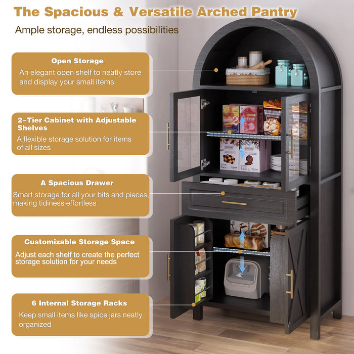 Arched Kitchen Pantry Cabinet With Adjustable Shelves & Barn Door Design