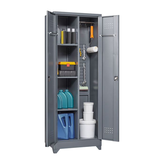 Heavy Duty Storage Cabinet With Locking Doors, Hanging Rod & Shelves, Broom Closet - Gray