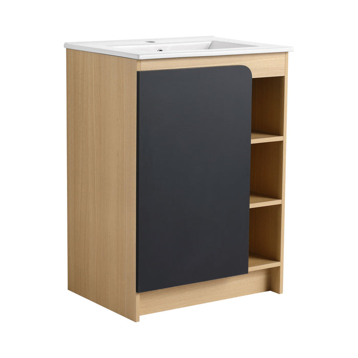 Freestanding Bathroom Vanity With Thin Rim Sink, Single Door With 4 Tier Open Shelves - Light Oak / White
