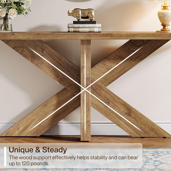 Long Console Table With Geometric Base - Oak