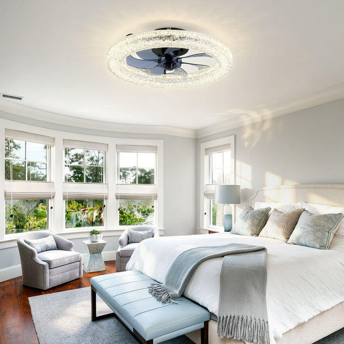 LED Light Source And Remote Control, 3000 - 6500K Dimmable Flush Mount LED Fan Light, 6 Speeds, Quiet DC Motor For Living Room - Matte Black