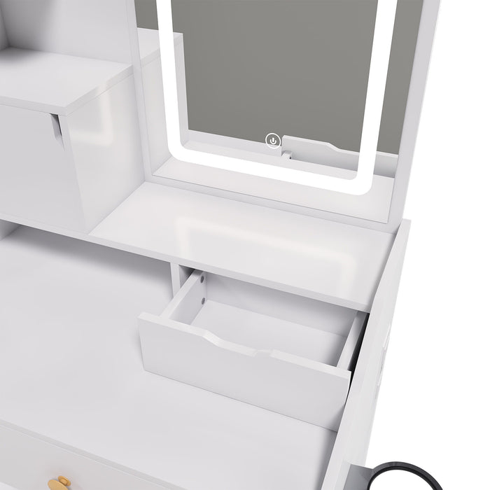 3 Color LED Vanity Mirror With Stool, Dressing Table For Bedroom, 2 Drawers & 5 Storage Cabinets (4 Open + 1 Hidden), Adjustable Lighting - White