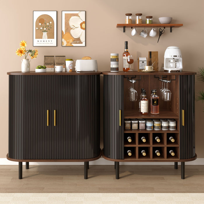 Fluted Wine Bar Cabinet With 8 Grid Wine Rack, 5 Level Adjustable Shelves, 2 Glass Holders