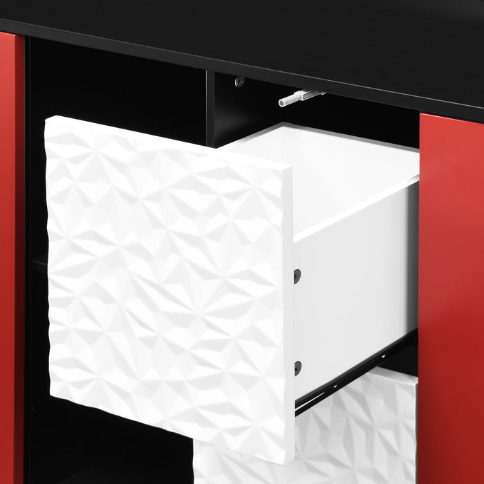 Modern Sideboard Buffet Cabinet With Red Doors And Unique Panel Styling