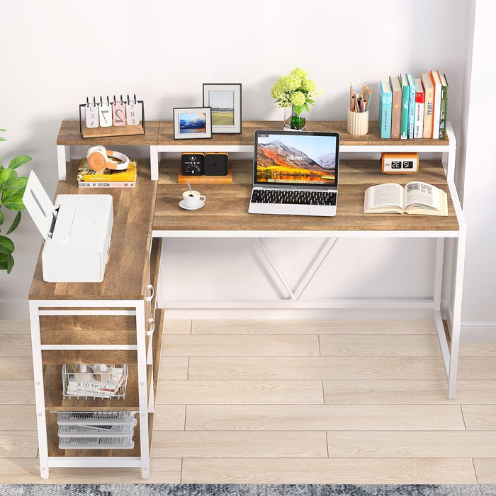 L-Shaped Home Office Desk With Monitor Riser, Drawers, And Storage Shelves