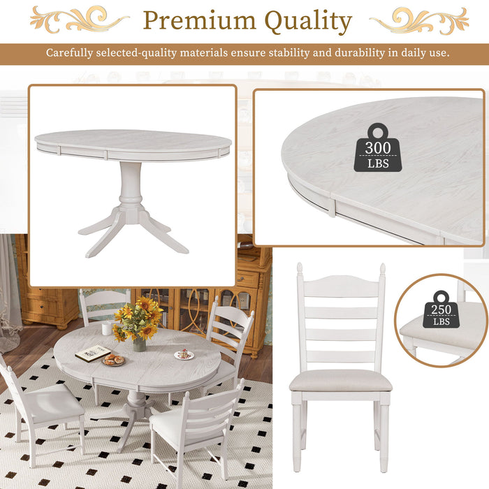 5 Piece Retro Functional Dining Table Set With Extendable Round Table And Upholstered Chairs