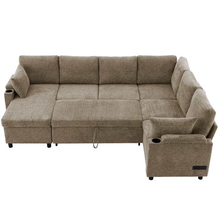 U-Shaped Sectional Sofa Bed With Storage, Charging Ports, And Cup Holders - Brown