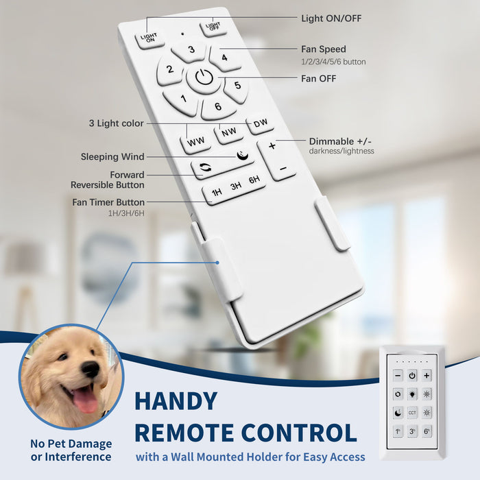 Ceiling Fan With Remote Control, Reversible DC Motor, 6 Speeds, 3 Dimmable LED, Quiet Timer For Indoor - White