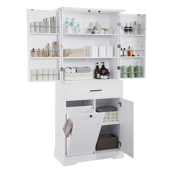 Freestanding Bathroom Storage Cabinet With Doors, Drawers, And Tilt Out Laundry Hamper - White