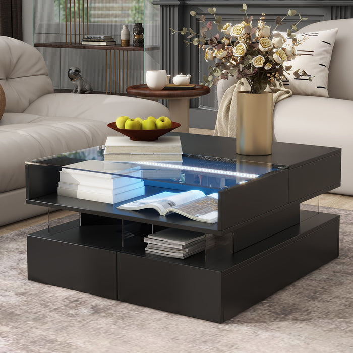 Lift Top Coffee Table With 2 Drawers, Hidden Space And LED Lights For Living Room