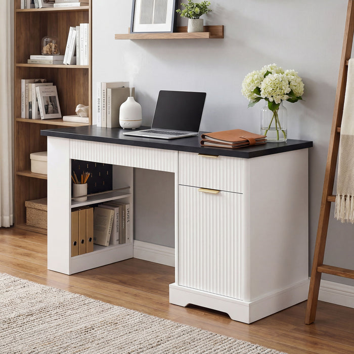 Modern Fluted Office Desk With Storage Cabinet