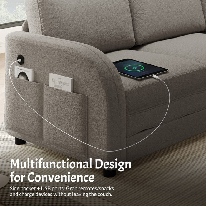 L-Shaped Couch With Pull-Out Bed, Convertible Sleeper Sofa With Side Pocket & USB Port