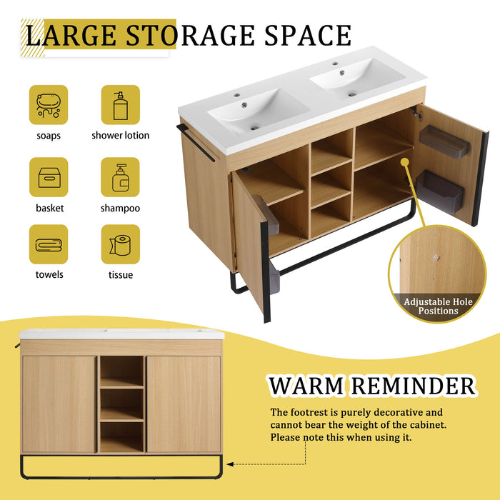 48" Freestanding Bathroom Vanity With Double Sink, 2 Soft Close Doors & 3 Open Shelves - Oak