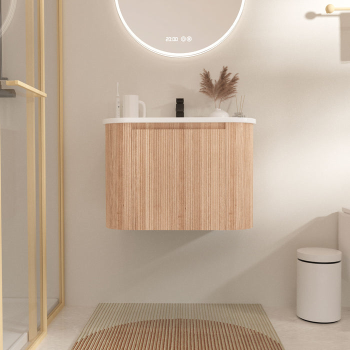 Wall Mounted Bathroom Vanity With Countertop, Sink, Curved Design With Stripe - Natural Wood