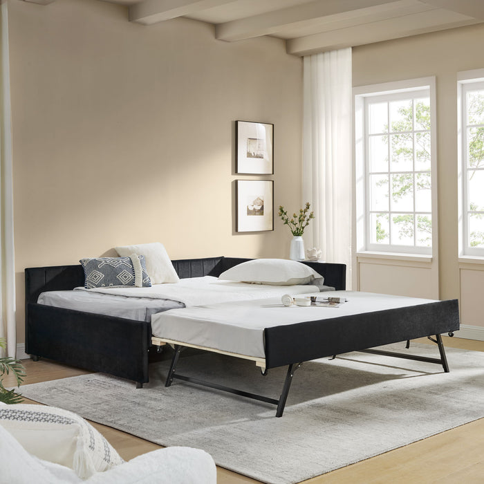 Full Size Upholstered Daybed With Trundle, Tufted Backrest And Armrests - Black