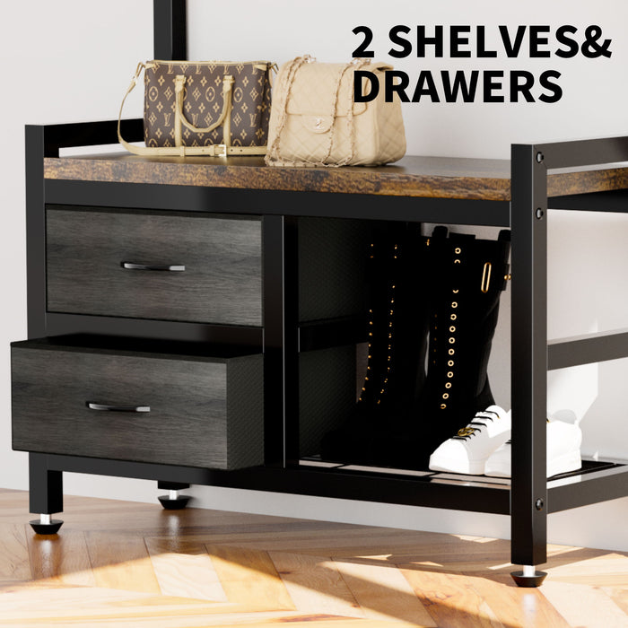 Hall Tree With 2 Movable Drawers, Shoe Storage, Shelves, Garment Racks, And 23 Hooks For Entryway - Rustic Brown