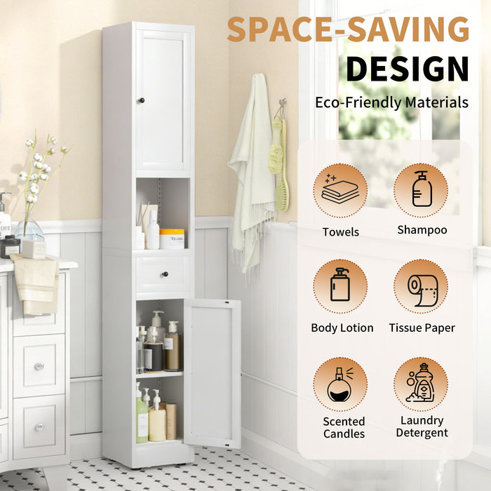 Tall Narrow Bathroom Cabinet With 5-Tier Storage, Adjustable Shelves, Freestanding - White