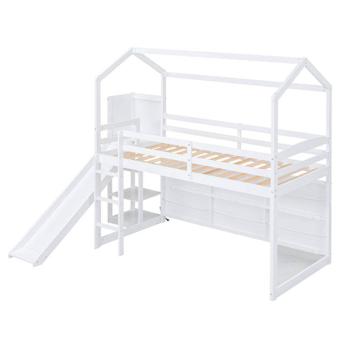 House Loft Bed With Slide, Storage Shelves And Light, Climbing Ramp