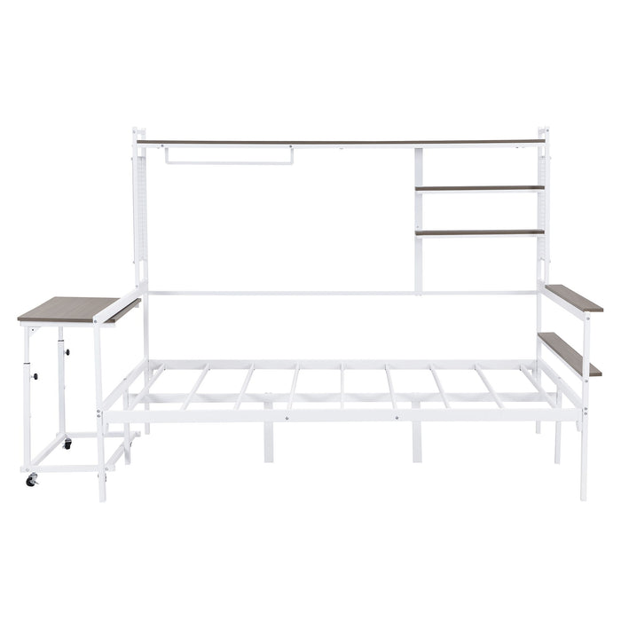 Daybed With Movable Desk, Grid, Shelves And Clothes Hanger