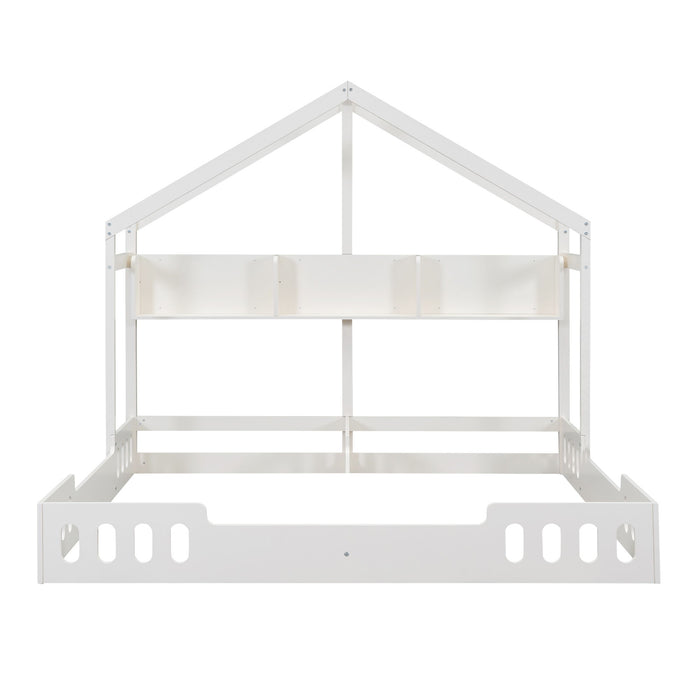 Twin Size Platform Bed With Shared Design, Guardrails, And Built In Shelves - Creamy White