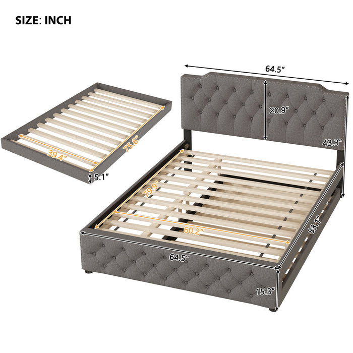 Upholstered Platform Bed With Trundle And 2 Sets Of USB Ports On Each Side, Linen Fabric